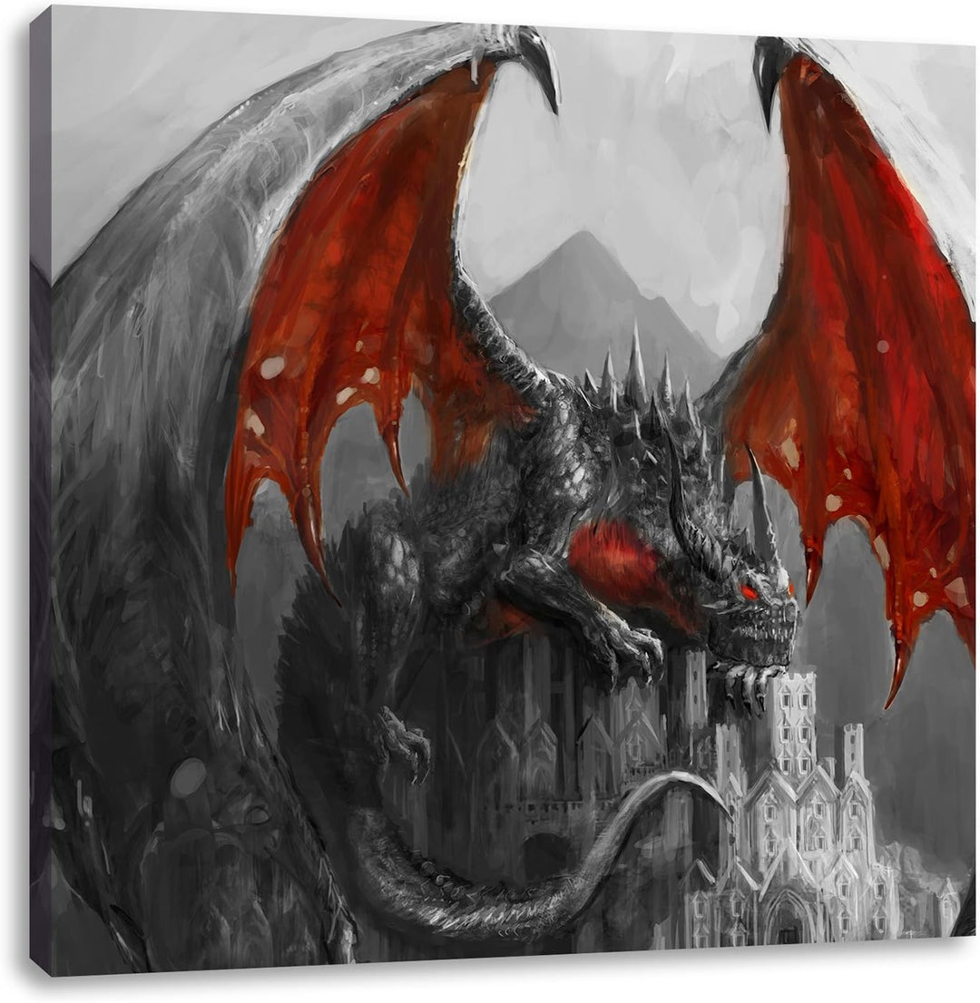 Dragon castle Schwarz/Weiss, Format: 70x70 auf Leinwand, XXL riesige Bilder fertig gerahmt mit Keilr