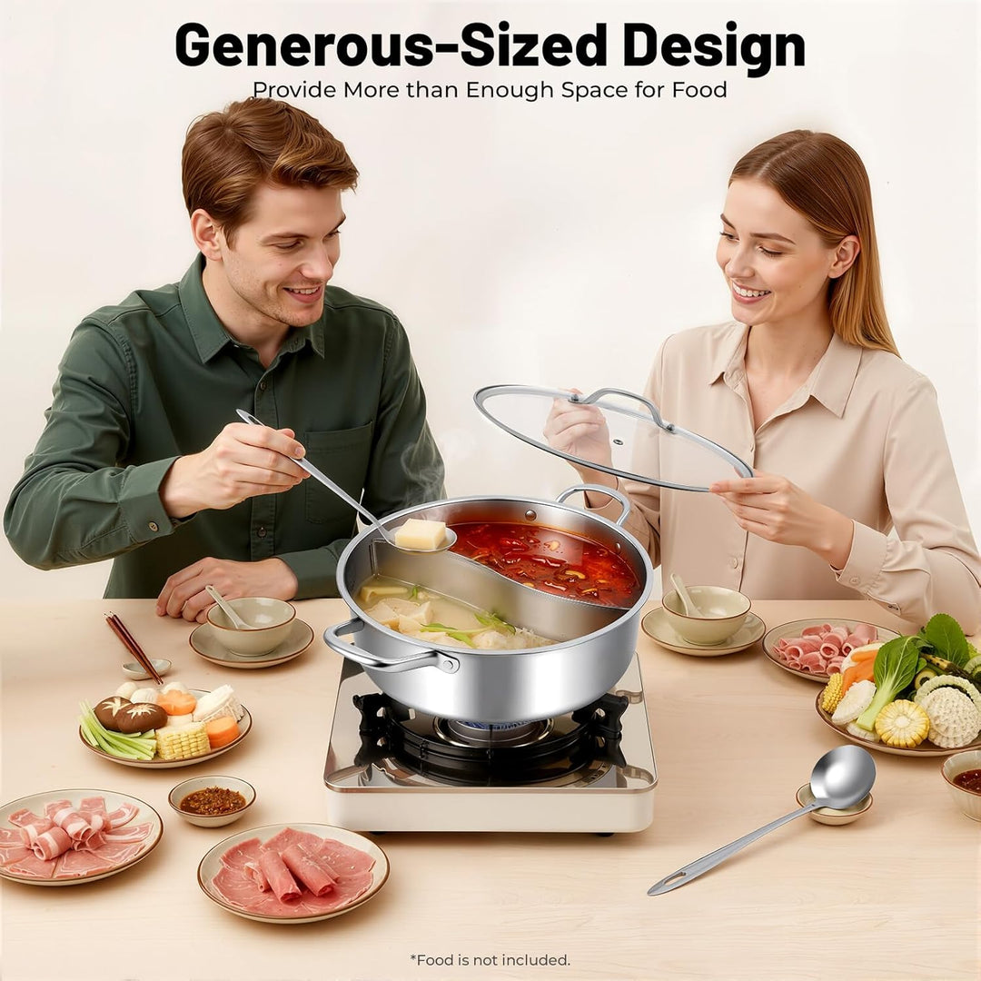 32cm Fonduetopf aus Edelstahl 304 Topf Chinesischer Fonduetopf mit Glasdeckel mit 2 Löffeln Geeignet