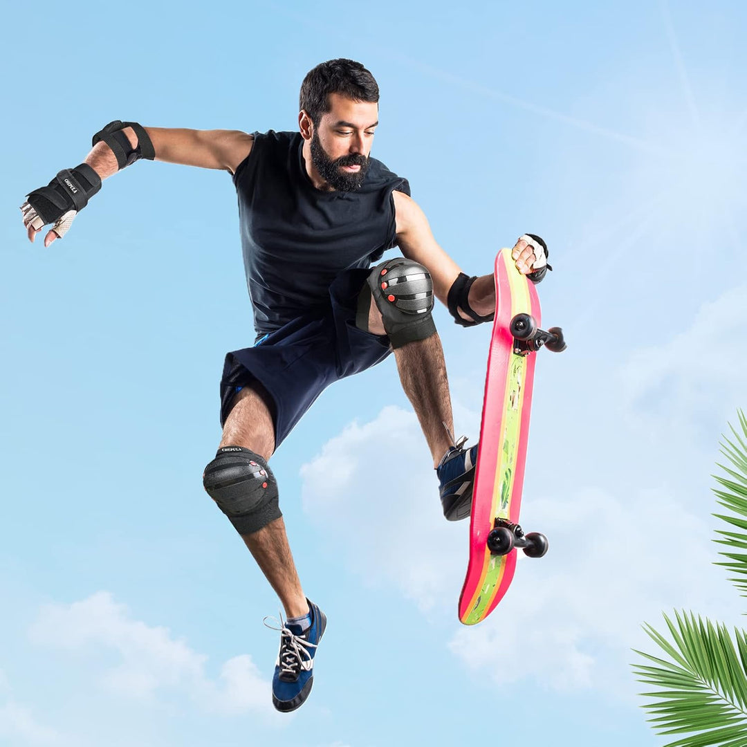 CHEPULA Schoner Inliner Kinder Erwachsene, 6 in 1 Protektoren Set, Verstellbare Knieschoner Ellenbog