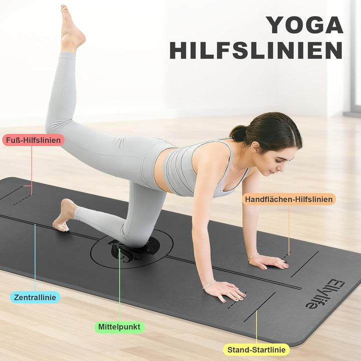 Yogamatte aus ECO Naturkautschuk & Hhautfreundlichem TPE, Extrem Rutschfest, Ausrichtungslinien, Ein