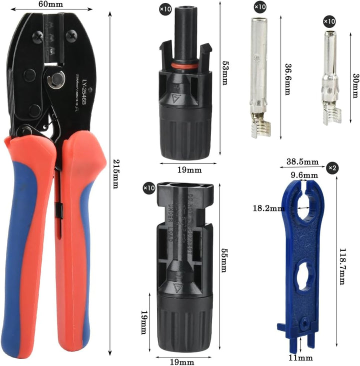mc4 Crimpzange Set für 2.5/4/6mm² Solarpanel PV Kabel, Solar Crimpzange Werkzeug mit 10 Paar Kabelst