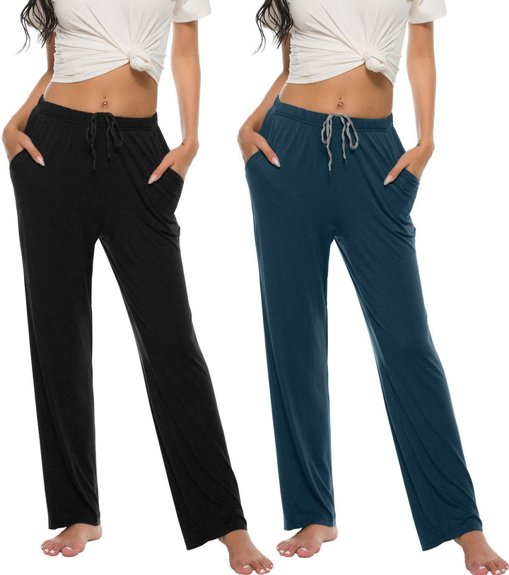 MoFiz Damen Schlafanzughose Lang Pyjamahose Nachtwäsche Weich Loungehose Freizeithose mit Taschen S