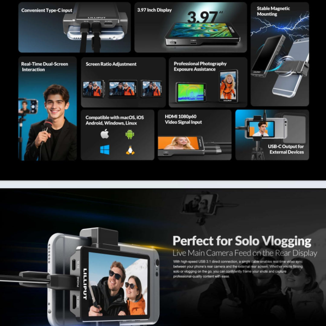 LILLIPUT V4 Telefon-Vlog-Selfie-Monitorbildschirm – 3,97 Zoll externer Kameramonitor für iPhone und