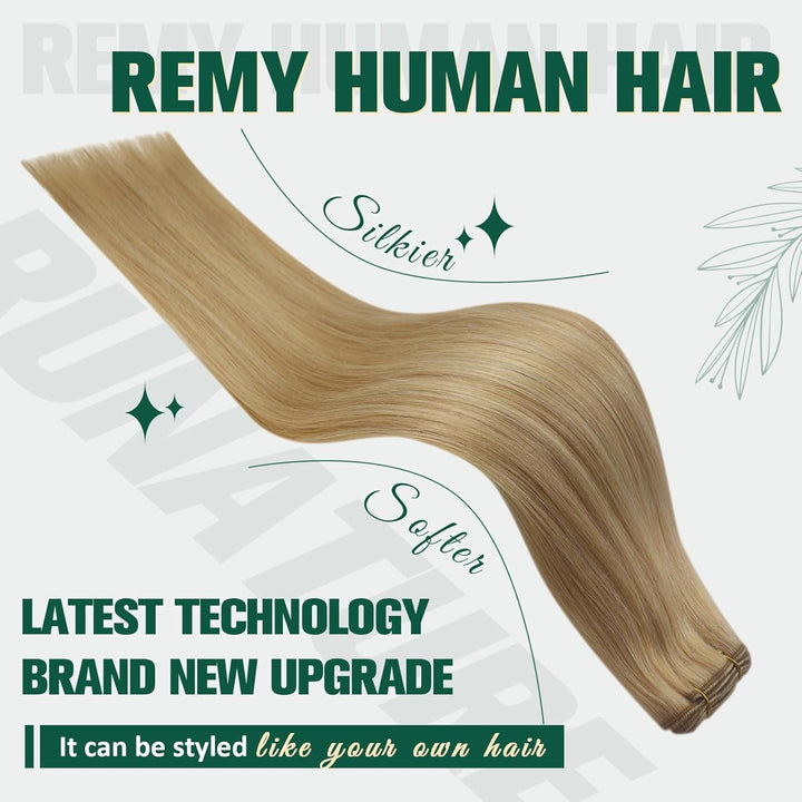 RUNATURE Extensions Echthaar Weft 45cm Goldblond mit Hellblond Haartressen Echthaar Blond Glatt Haar