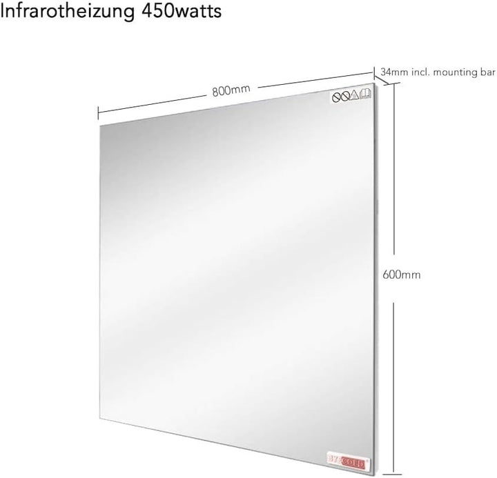 byecold Infrarotheizung Spiegel(80x60cm), 450W Spiegelheizung Elektrisch Infrarot, Wandmontage mit L