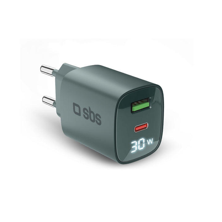SBS Mehrport-Ladegerät 30W mit LCD, 1 USB-C-Anschluss und 1 USB-A-Anschluss, EU-Stecker, Power Deliv