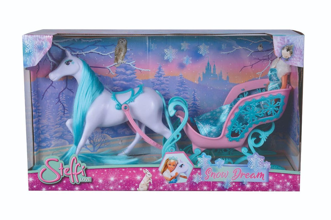 Simba 105733522 - Steffi Love Snow Dream, Märchenhafter Schlitten mit Pferd und Steffi als Eisprinze