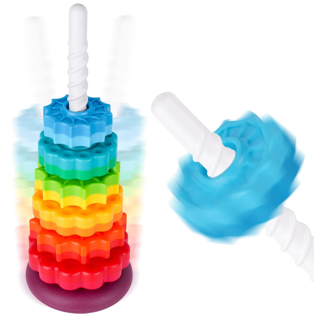 41cm Stapelturm mit Drehfunktion, Regenbogen-Stapelringe Spielzeug für Kinder, Zweifarbige drehende