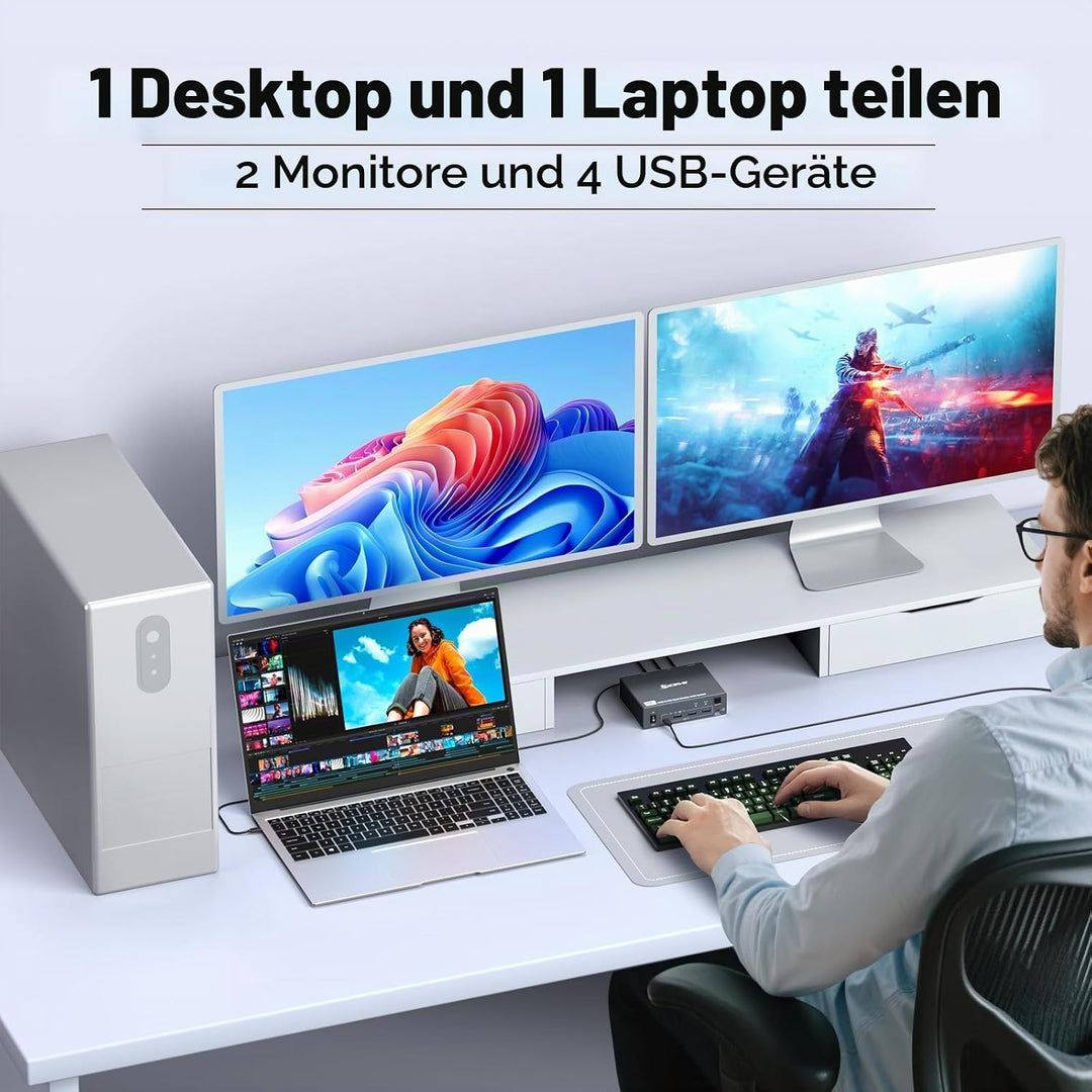 KVM Switch 2 Monitore 1 Desktop 1 Laptop 4K@60Hz, 7-in-1 Dual Monitor KVM Switch Dockingstation, 2 H