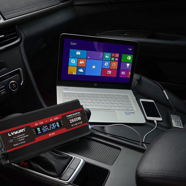 LVYUAN Wechselrichter DC 12V auf AC 230V 2600W Spannungswandler mit EU Steckdosen, 2 USB und LCD-Anz
