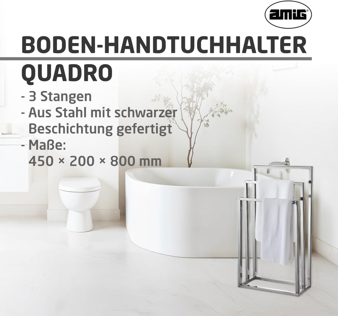 Amig - Verchromter freistehender Handtuchhalter mit 3 Metallstangen - Bodenständer für Badetücher -