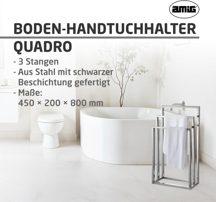 Amig - Verchromter freistehender Handtuchhalter mit 3 Metallstangen - Bodenständer für Badetücher -