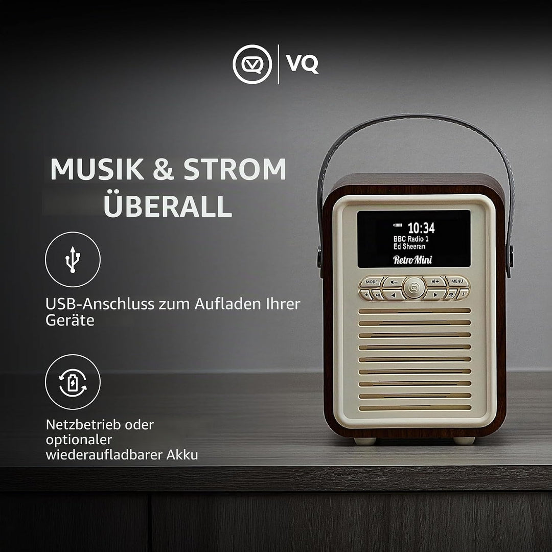 VQ Retro Mini Tragbares Radio mit Bluetooth-Lautsprecherein, DAB-Radio mit UKW und 60 Voreinstellung