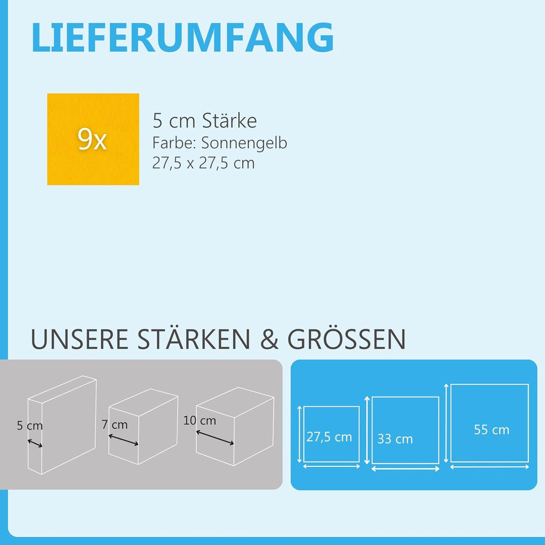 platino24 Akustikpaneele 9 Elemente Colore Quadrat 27,5 x 27,5 cm Sonnengelb I Schallabsorber aus Ba