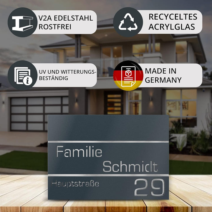 Graviers Design Hausnummer aus V2A Edelstahl 380x264mm - Anthrazit RAL 7016 - Rostfrei UV-beständig