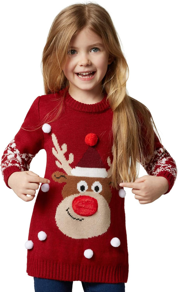 dressforfun 900823 Kinder Weihnachtspullover Rudi Rentier mit angenähten Schneeflocken, rot - Divers