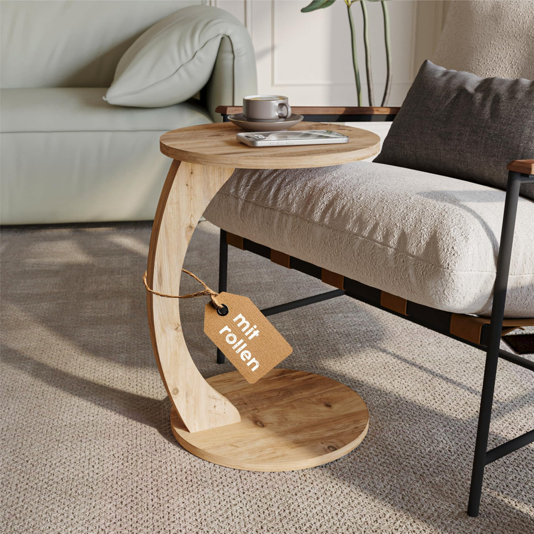 sugodesign Couchtisch mit Rollen, Kleiner Beistelltisch C Form, stylischer Sofatisch aus Holz in sch