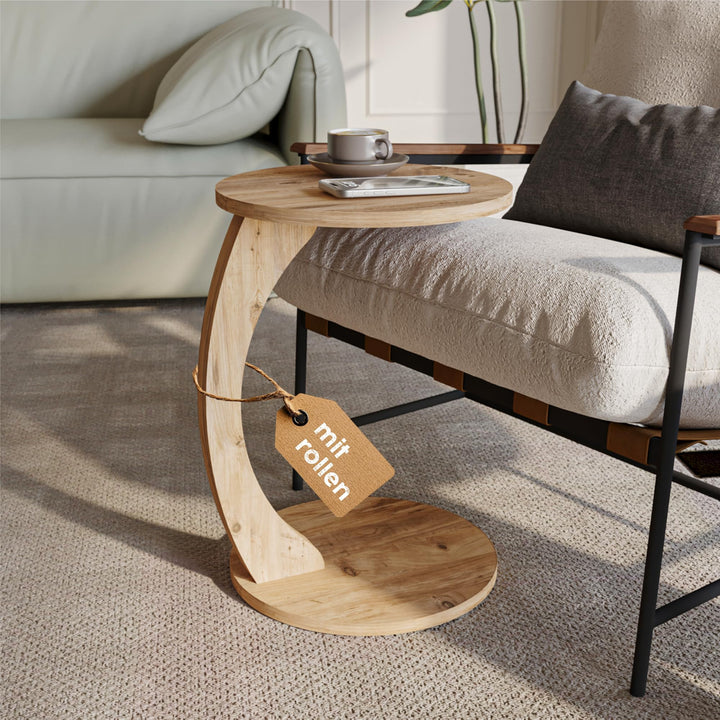 sugodesign Couchtisch mit Rollen, Kleiner Beistelltisch C Form, stylischer Sofatisch aus Holz in sch