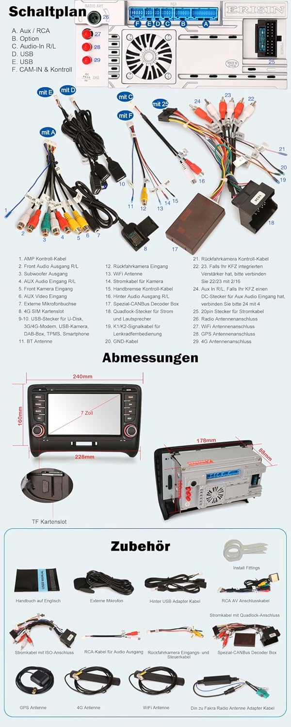 Erisin 8-Kern 4GB RAM+64GB ROM Android 14 Autoradio GPS Navi für Audi TT MK2 7 Zoll IPS Touchscreen