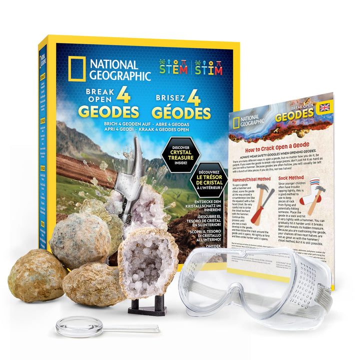 NATIONAL Geographic 4 Geoden Aufbrech-Set – Mit Schutzbrille & Ausstellungsständer – Mint Wissenscha