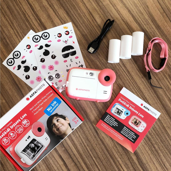 AGFA Photo Realikids Instant Cam + 3 Rollen Thermopapier, ATP3WH – Sofortbildkamera für Kinder, LCD-