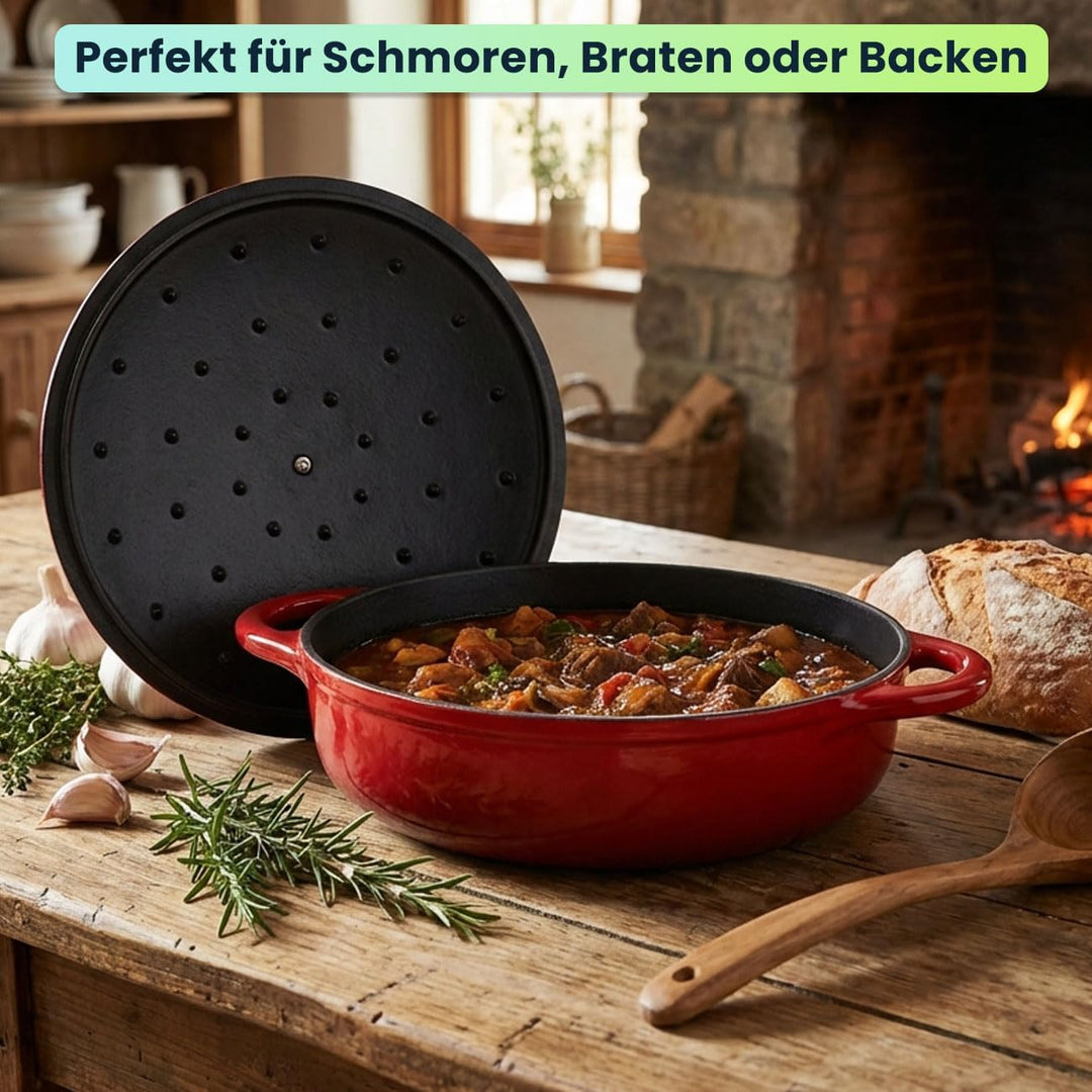 Gusseisen Topf mit Deckel 28cm Rund, Emaillierter Schmortopf 3,24L Rot, Bräter für alle Herdarten wi