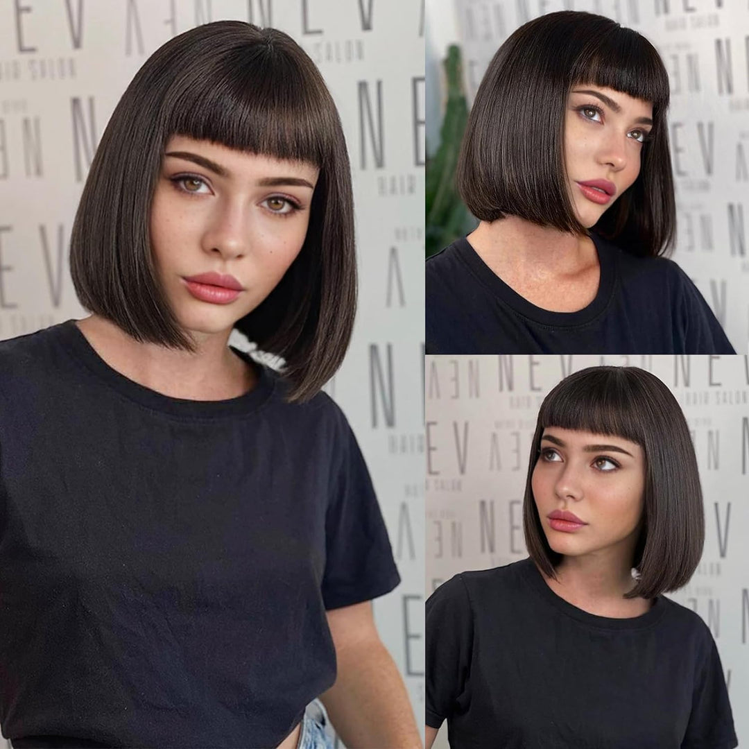 YEESHEDO Damen Dunkelbraun Kurze Bob Gerade Haar Perücken mit Pony Hitzebeständige Synthetische Bunt