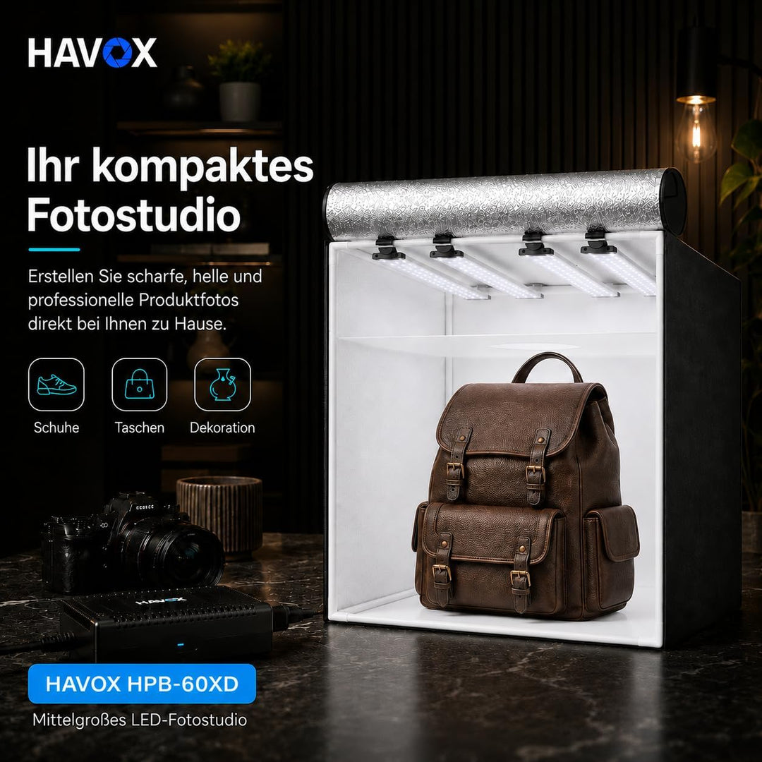HAVOX - Fotostudio HPB-60XD - Masse 60x60x60cm - 4X Dimmbare LED-Beleuchtung Tageslicht 5500k - 26,0