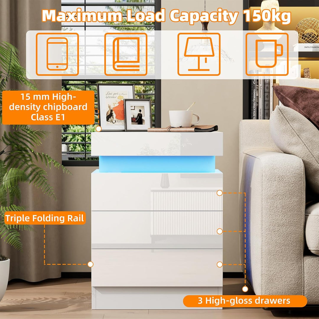 PIPIPOXER Nachttisch 2er Set mit LED, Hochglanz Nachtschrank mit 3 Schubladen und Versteckte Obere S