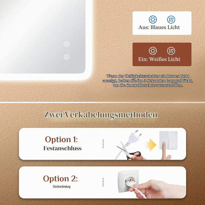 Clevich Badspiegel mit Beleuchtung 100×60 cm, LED Spiegel mit 3 Lichtfarben dimmbar, gehärtetes Glas