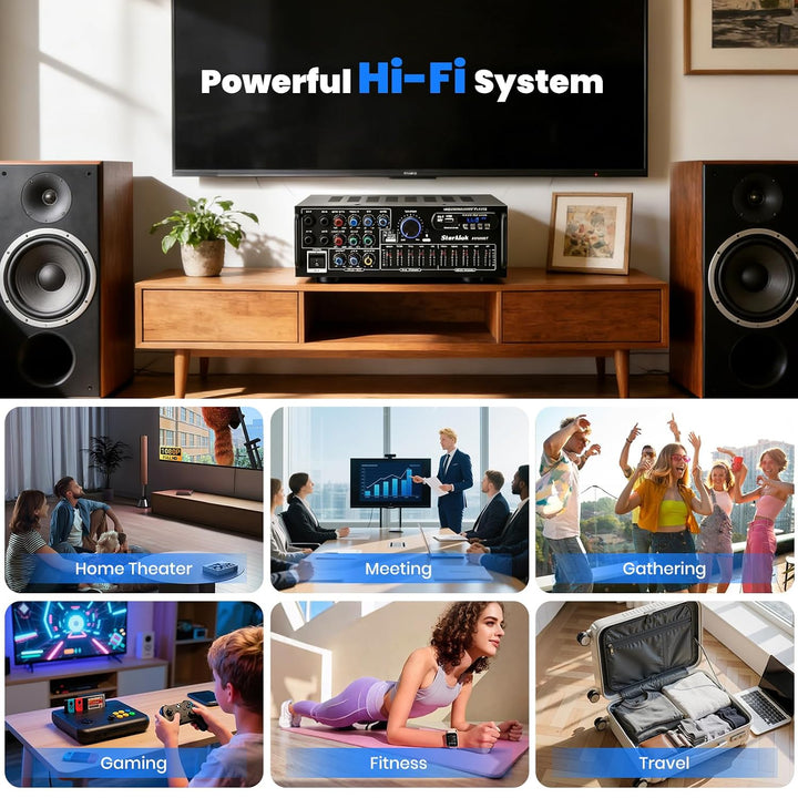 HiFi Verstärker Stereo Bluetooth Verstärker mit Fernbedienung, 2 Kanal Endstufe mit 5-Band-EQ, HiFi