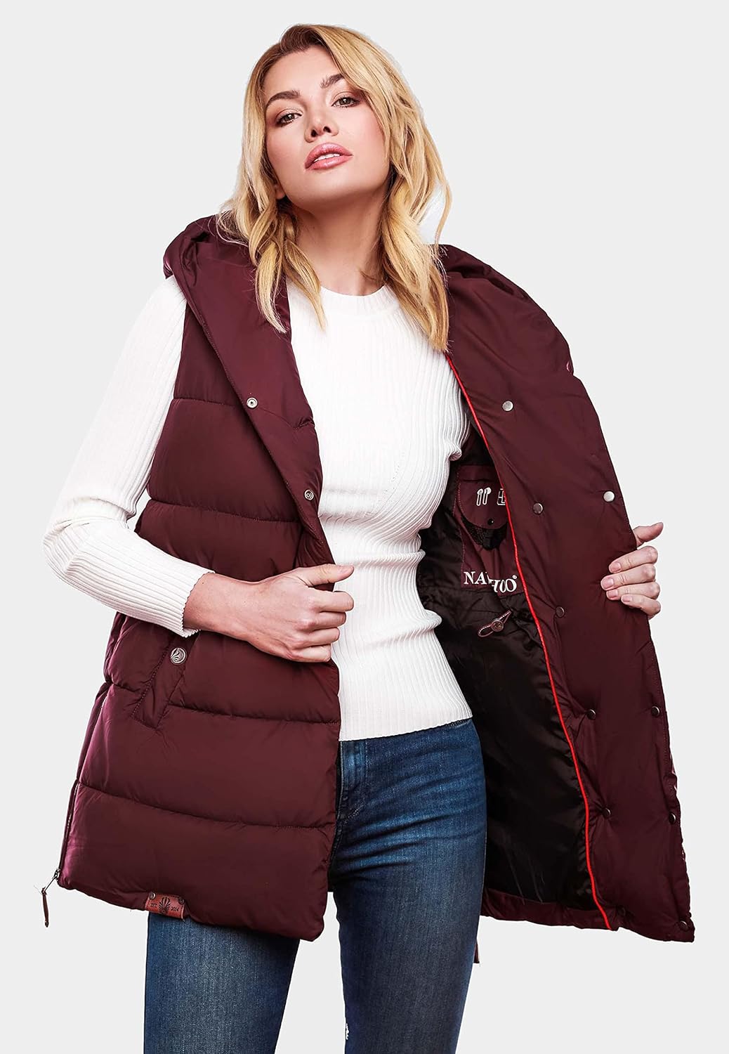 Navahoo warme Damen Winter Steppweste lang mit Kapuze Madilynaa XS-XXL M Wine, M Wine