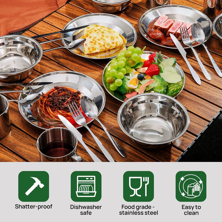Odoland Campingbesteck Set Outdoor Reisebesteck aus Edelstahl für 2 Personen Klappbesteck mit Teller