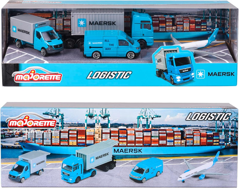 Majorette - Maersk Transport-Fahrzeuge (Geschenkset) - 4 Modellfahrzeuge aus Metall (Man Truck, Merc