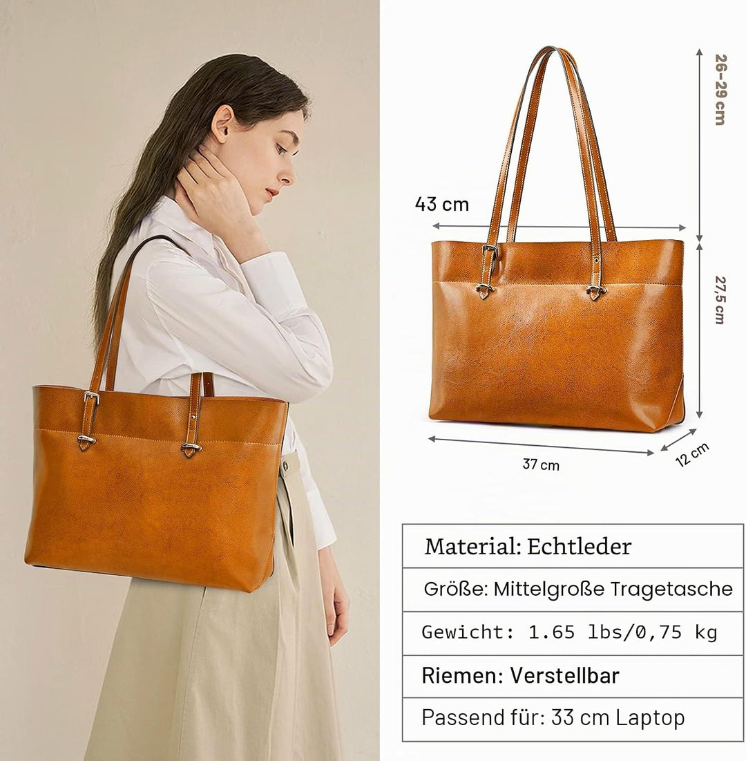 S-ZONE Damen Handtasche Rindspalt Leder Schultertasche Umhängetasche Grosse Shopper Tote Beutel Brau