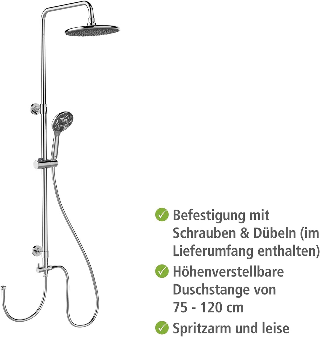WENKO Duschsystem Watersaving, Duschstange aus Edelstahl mit wassersparendem Regenduschkopf und Hand
