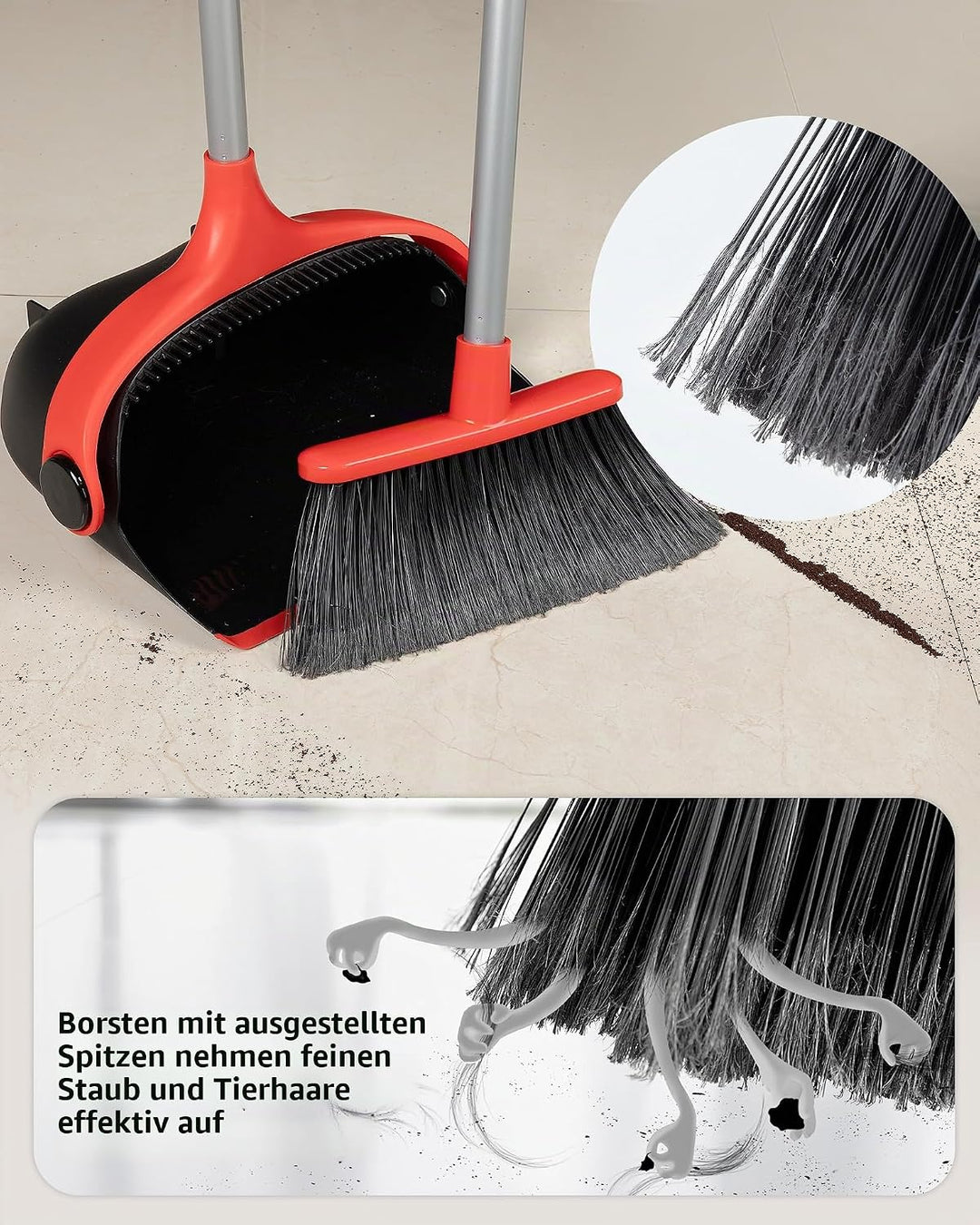 MR.SIGA Besen und Kehrschaufel Set mit langem Stiel, Standbesen mit Kehrschaufel für die Bodenreinig