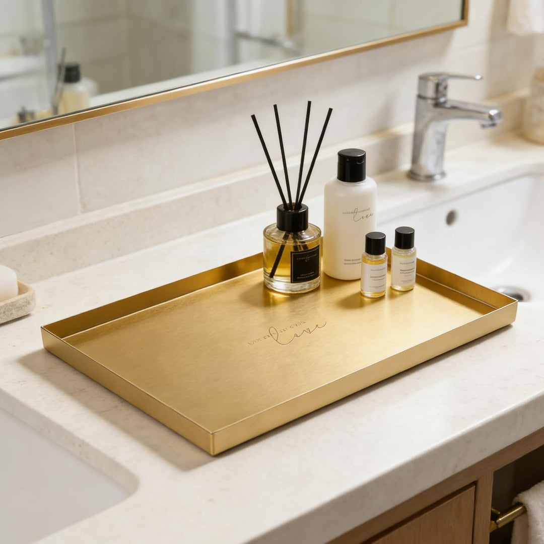 Deko Tablett Gold Tablett Rechteckig, Schmucktablett Edelstahl Badezimmer Tablett Dekotablett Schmuc