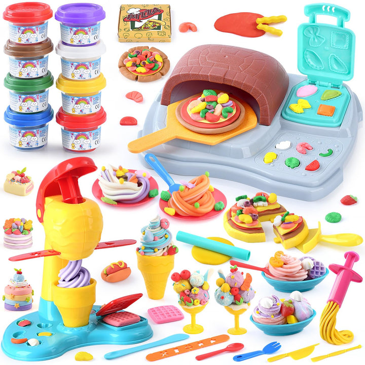 PLAY 2 in 1 Knete Set Zubehör Kitchen Creations, DIY Knete Eismaschine Pizzaofen, 37 Pcs Kinderknete