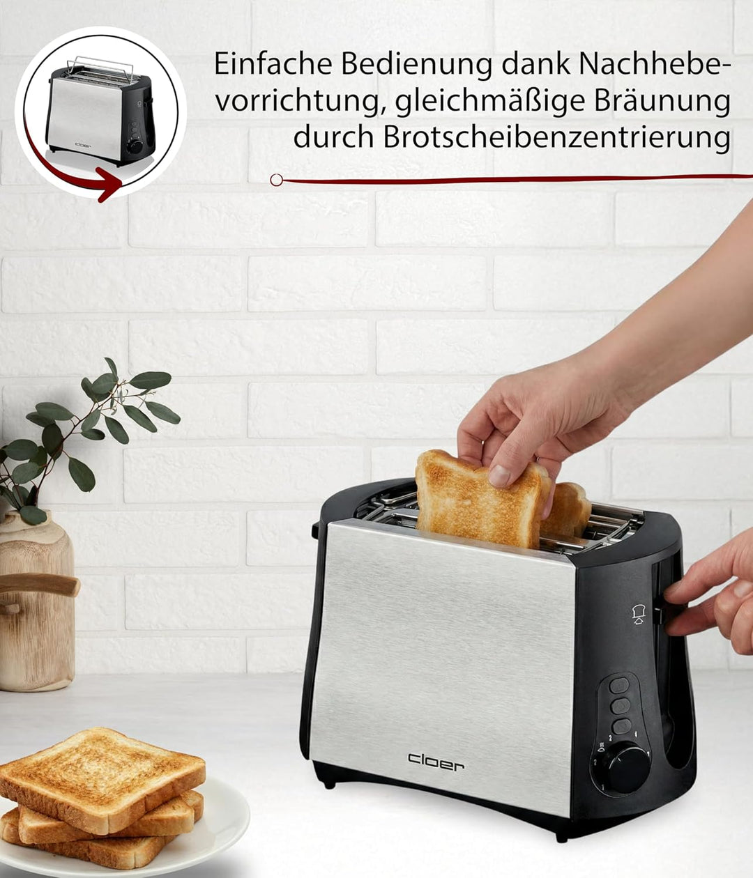 Cloer 3419 Toaster für 2 Toastscheiben, 825 W, integrierter Brötchenaufsatz, Nachhebevorrichtung, Kr