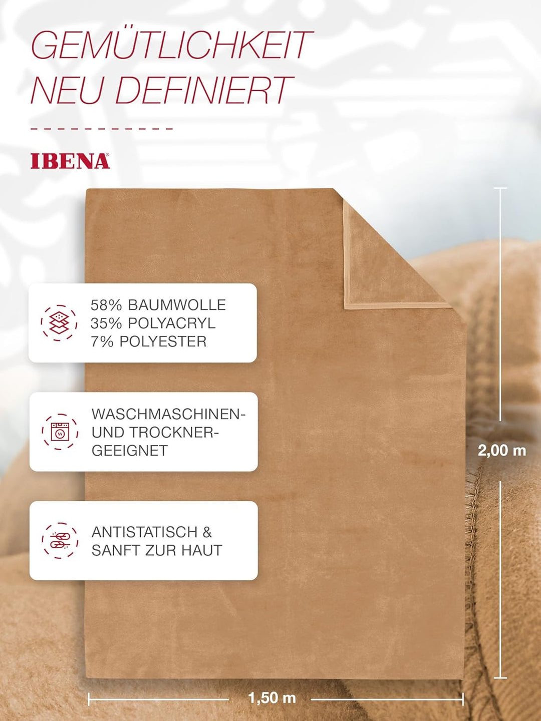 Ibena Porto Decke 150x200 cm – Baumwollmix weich, warm &amp; waschbar, Kuscheldecke cognac einfarbig 150