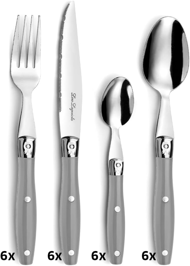 Lou Laguiole Steakbesteck | Steakmesser Set 24-teilig | Besteck für 6 Personen | Dunkelgrau | Wellen