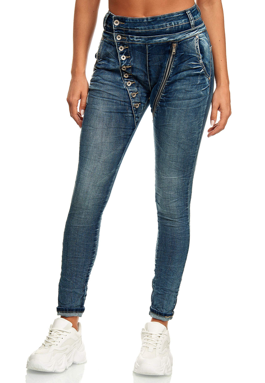 Elara Damen Jeans Boyfriend Knopfleiste Chunkyrayan 36 Slim Blau New York, 36 Slim Blau New York
