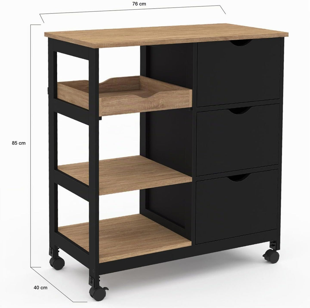 IDMarket - Küchenwagen MUNA 3 Körbe + 1 abnehmbares Tablett schwarz und Bucheffekt B.76 cm