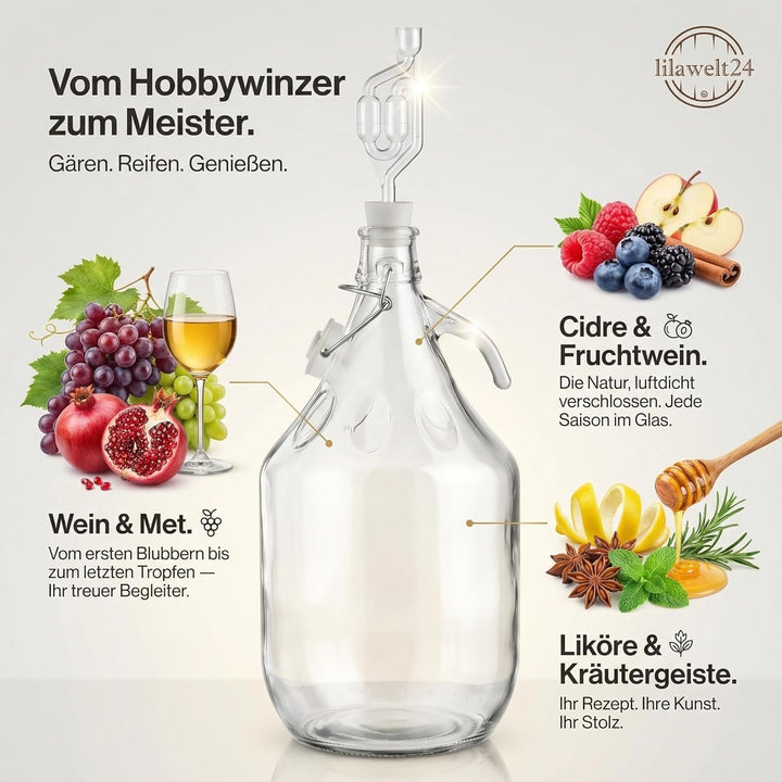 lilawelt24 2X 5L Glasballon Gärbehälter Set mit Bügelverschluss, Henkel, Gärrohr & Stopfen, für Wein