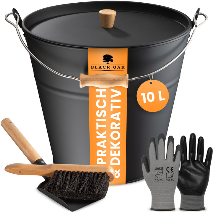 BLACK OACK Ascheeimer FUEGO 10L - schwarz mit Deckel mit Holz-Griff + Feger + Schaufel & Handschuhen