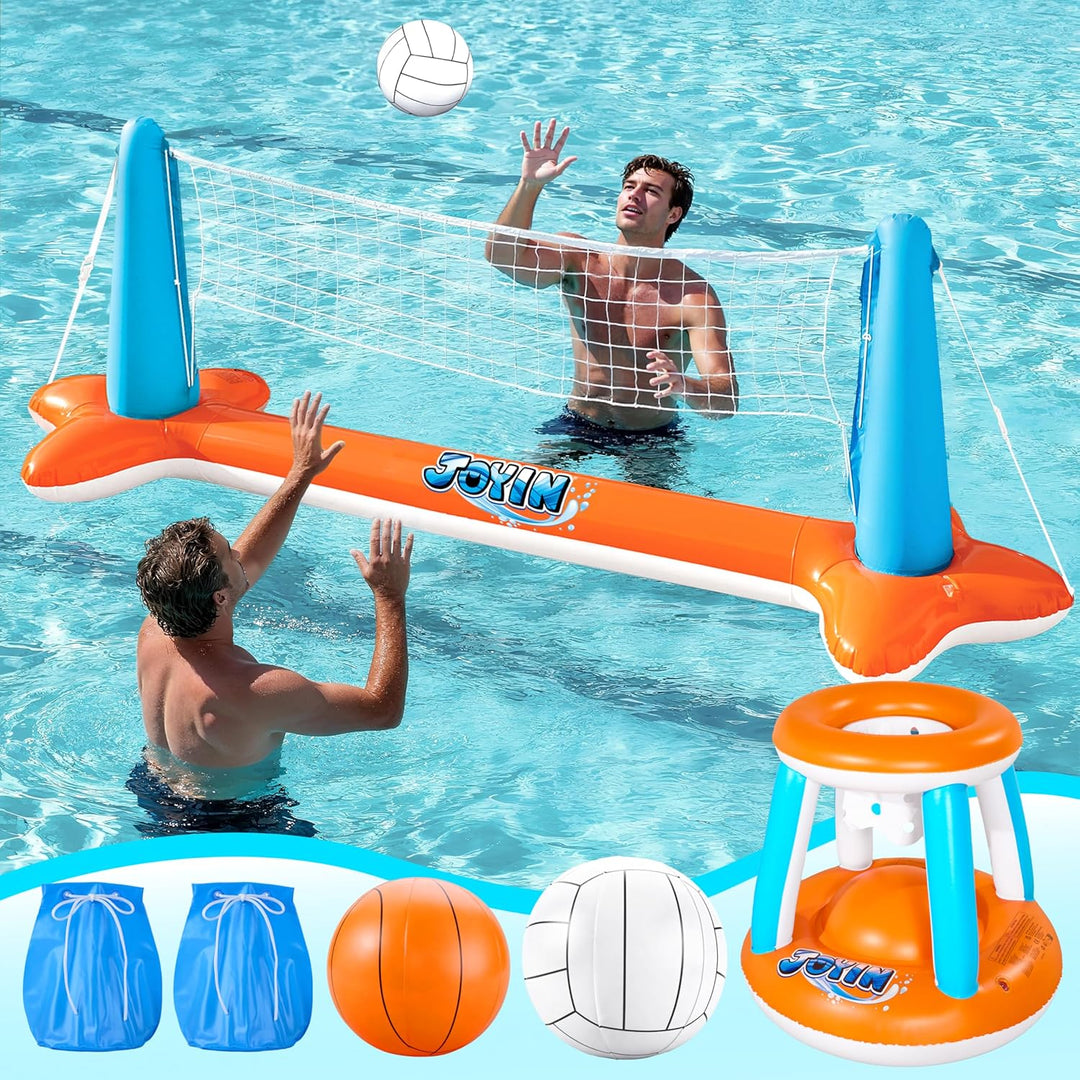 JOYIN Aufblasbare Pool Float Set, Volleyballnetz & Basketballkörbe & Bälle für Kinder und Erwachsene