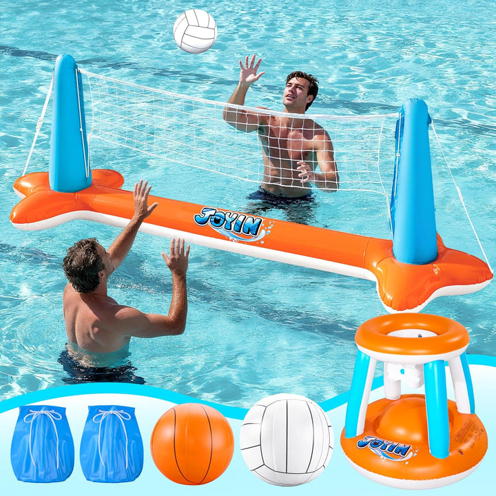JOYIN Aufblasbare Pool Float Set, Volleyballnetz & Basketballkörbe & Bälle für Kinder und Erwachsene