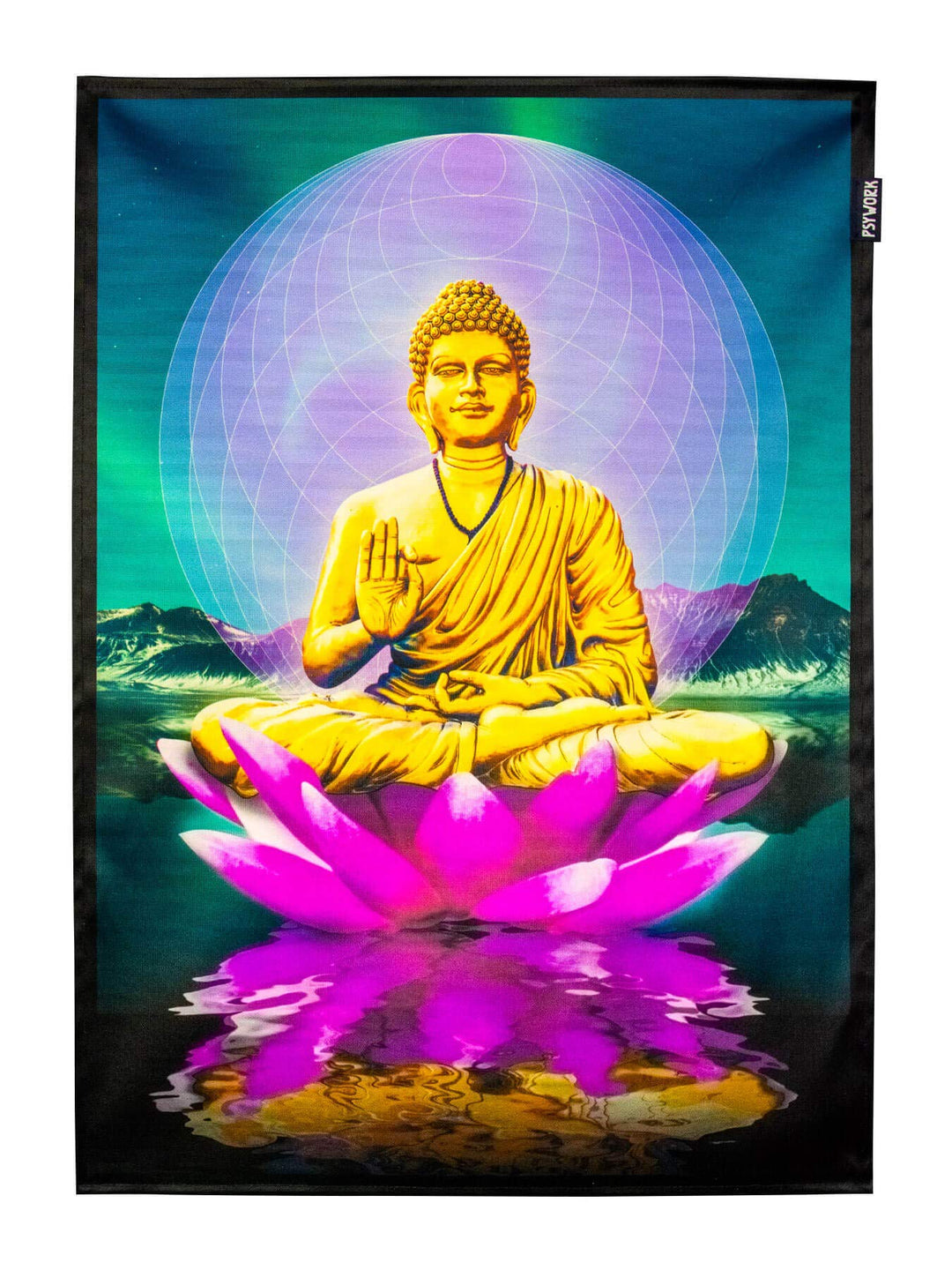 PSYWORK Schwarzlicht Stoffposter Neon | Sacred Lotus Buddha | 0,5 x 0,7m | UV-aktiv | fluoreszierend