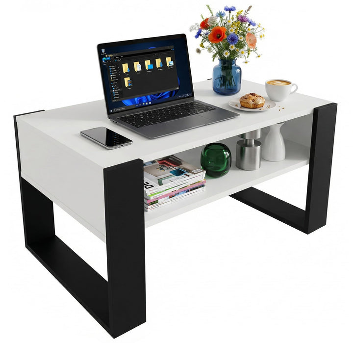 Wohnzimmer Tisch für Couch aus hochwertigem Holz, moderner Couchtisch mit zusätzlicher Ablagefläche,